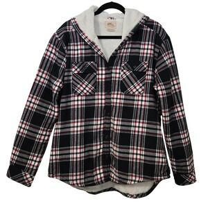 Boston Traders Womens XL Plaid Hooded Flannel Sherpa Lined Jacket Red Black